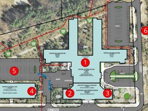 A preliminary design of the Rockwood Terrace long-term care development project in Durham. The option Grey County council has voted to proceed with doesn't include a three-storey, 60-unit apartment building, which is Number 4 on the image.