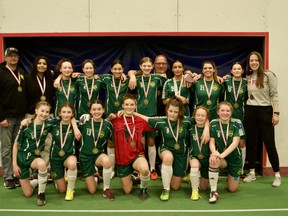 The SGSA U15 Girls Tier 3 Saints won the silver medal game 6–3 against the Fort. St John Strikers at the ASA Provincial Championships over the weekend of Mar. 12–13. Photo provided by SGSA.