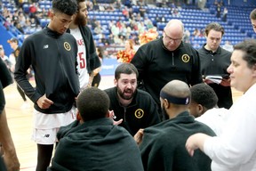 Sudbury Five head coach Elliott Etherington speaks to his players during a break in NBLC action against the KW Titans at Sudbury Community Arena in Sudbury, Ontario on Saturday, March 26, 2022.