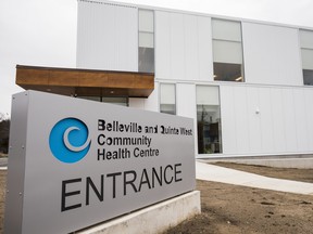 The sign of the newly created Belleville Quinte West Community Health Centre is seen in front of their $14 million dollar facility. Friday in Trenton, Ontario. ALEX FILIPE