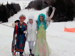 Gerry Atrick, left, Misty Lane and Dixie Rect prepare to hit the beginners' slope at Antoine Mountain, Saturday, in the first-ever PRIDE event at the ski hill.
PJ Wilson/The Nugget