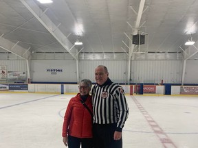 Tim Foster refereed his last game on the weekend after 54 hockey seasons and more than 11,000 games and supervising thousands of others. Foster hopes to continue to give back to the sport by mentoring junior referees and talking to hockey players about the opportunities refereeing provides. Foster poses with his wife Sue after his last game.