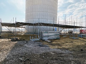 BGL Contractors Corp. out of Waterloo has begun putting up scaffolding at the Joseph Shaw Wallaceburg Elevated Storage Tank as part of a $3.7-million rehabilitation project. (Handout/Postmedia Network)