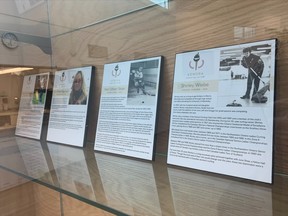 Some of the Kenora Sports Hall of Fame plaques from 2018, currently on display at the Kenora Recreation Centre. Photo by Bronson Carver