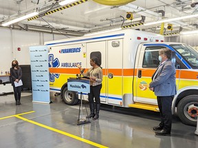 Jane Curtis (left), CEO of Southern Health-Santé Sud, Health Minister Audrey Gordon (middle) and Portage MLA Ian Wishart at the new Emergency Medical Services facility in Portage la Prairie. (Aaron Wilgosh/Postmedia)