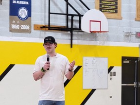 Humboldt Broncos bus crash survivor Tyler Smith speaks to the senior high students at New Sarepta Community High School about his mental health journey, during the school’s Jack.org Summit, March 25. (Dillon Giancola)