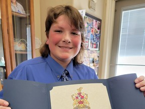 Wyatt Barber received a Leduc Achievement Award from the City of Leduc, March 14, for his role in saving his grandpa's life. (Dillon Giancola)