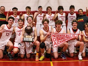Chippewa seniors boys took the NDA basketball title this year. Team members are, rear row, coach Dan Cockburn, Will Bourre, Devin Lafontaine, Ben Franz, Scott Cockburn, Harrison Sutton, Jacob Martyn, coach Mike Mitchell and, front row, Anden Ringuette, Teaken Brazeau, Brayden Blake, Des Plumstead, Sam Mitchell, Lucas Mitchell, Owen Smith.
Submitted Photo