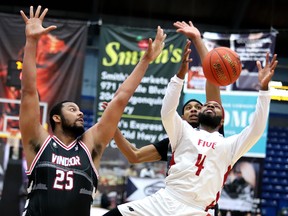 Dexter Williams Jr. of the Sudbury Fives loses control of the ball during NBLC action against the Windsor Express at Sudbury Community Arena on Sunday afternoon. Sudbury defeated Windsor 123-119
