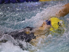 Lara Thompson of the Sudbury Laurentian Swim Club competes in the girls 13 and over 50 meter backstroke  at the Jeno Tihanyi Regional Championships in Sudbury, Ont. on Sunday June 3, 2018.