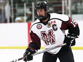 Chatham Maroons' Lucas Fancy plays against the London Nationals at Chatham Memorial Arena in Chatham, Ont., on Sunday, Feb. 20, 2022. Mark Malone/Chatham Daily News/Postmedia Network