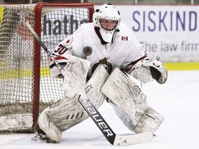 Sarnia Legionnaires goalie Brenden Stroble plays against the Chatham Maroons at Chatham Memorial Arena in Chatham, Ont., on Saturday, March 19, 2022. Mark Malone/Chatham Daily News/Postmedia Network
