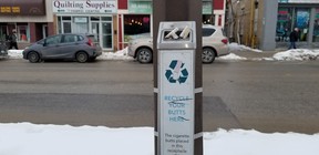 A pilot project to collect and recycle discarded cigarette butts in downtown Owen Sound, Ontario.  will resume this summer.  Photo taken March 1, 2022. (Scott Dunn/The Sun Times/Postmedia Network)
