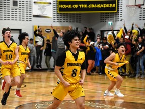 The St. Brieux Crusaders celebrate after winning their third provincial title in a row. Omar Sherif / The Journal