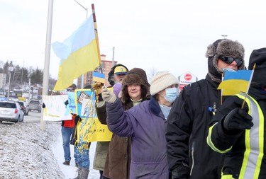 Sudbury and area residents converge on the Four Corners in Sudbury, Ontario for a Stand with Ukraine rally on Saturday, March 12, 2022. Ben Leeson/The Sudbury Star/Postmedia Network