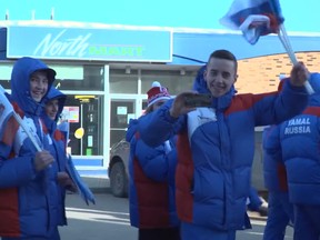 The Russian delegation arrives in Fort Smith, NWT. for the opening ceremonies of the 2018 Arctic Winter Games on March 18, 2018, as seen in a video produced for the Arctic Winter Games