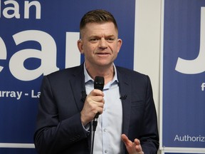 UCP MLA-elect Brian Jean speaks to supporters at his Fort McMurray campaign office after winning the Fort McMurray-Lac La Biche byelection on Tuesday, March 15, 2022. Vincent McDermott/Fort McMurray Today/Postmedia Network