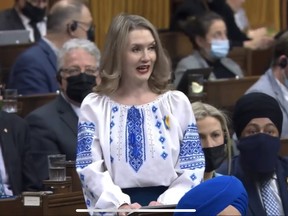 A screenshot of Laila Goodridge, Conservative MP for Fort McMurray-Cold Lake, wears a Ukrainian vyshyvanka while speaking in Parliament on February 28, 2022.
