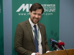 Alex Summers said among his priorities as medical officer of health for Middlesex-London is to ensure health unit staff feel supported and to heal any workplace fractures worsened by the pandemic. The Middlesex-London Health Unit announced his appointment to the top post at a news conference Wednesday, March 9, 2022. (Derek Ruttan/The London Free Press)