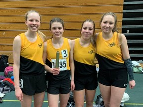 The U18 relay team of (from left) Julianna Chipiuk, Meadow Drebert, Libby Dunn and Lauren Dellezay won gold at the Alberta Indoor Track and Field Championships. (Leduc Track Club)