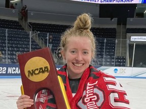 Staffa's Lexi Templeman beams with the NCAA national championship trophy after Ohio State captured the 2021-22 title March 20 with a 3-2 win over Minnesota Duluth. Templeman is a transfer from Robert Morris University, after that school shut down their hockey program, allowing a fifth and final season to end in grand style for the 22-year-old.