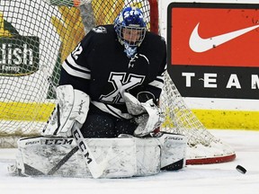 St. Francis Xavier X-Men goalie Joseph Raaymakers makes a save during a 3-0 win over the Brock Badgers in a quarter-final at the U Sports men's hockey championship in Wolfville, N.S., on Thursday, March 31, 2022. (Peter Oleskevich/Acadia Athletics)