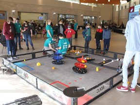 The Cyber Eagles invitational was held on Saturday, Feb. 26 in the Agora and teams from Sherwood Park, Edmonton, Lacombe and Red Deer showed off their robots and the tasks they could perform. Travis Dosser/News Staff