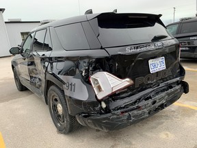Saugeen Shores police provided a photo of  a police vehicle which they said was struck by a suspect 's vehicle during an early morning attempt to arrest him on March 23, 2022 in Port Elgin, Ont. (Supplied to Postmedia Network)
