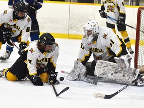 Defencemen Rhett Terpstra (5) and Caleb Templeman of the Mitchell U18's help goalie Deklan Jermol keep the puck out of their net while Denver Ladd (10) of BCH lurks during action from Game 3 of their WOAA best-of-five final March 22 in Mitchell. Jermol recorded the shutout in a 4-0 win. ANDY BADER/MITCHELL ADVOCATE