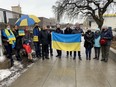A Ukrainian flag raising ceremony held in front of City Hall in March.