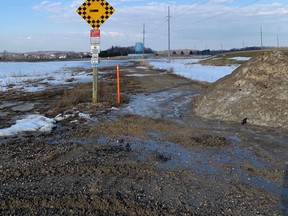 View looking west towards built-up area of Walkerton, at point where Eastridge Road ends and where it will start to be extended in Eastridge Business Park. (Paulette Peirol photo)
