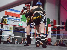 Airdrie fighter Ocean Cofre lands a kick during her bout at the United Strong Women's Muay Thai Gala on March 5, 2022. Cofre won by unanimous decision.