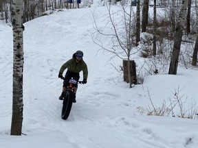 More than three dozen mountain bikers took part in the annual Blizzard Bike Race Feb. 27 at Voyageur Park. (Ted Murphy)