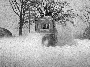 In March,1926, the Lee Rotary Master Model Snowplow cleans Highway 2, between Eastwood and Woodstock, after it was impossible to clear the road with any other equipment. Brantford Expositor Souvenir Edition