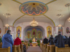 People gathered for mass on Sunday March 6, 2022 at Sacred Heart Ukrainian Catholic Church in Waterford, Ontario. The church is accepting monetary donations to purchase medicine to be shipped to Ukraine.