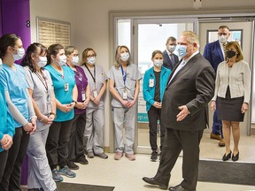 Ontario Premier Doug Ford thanks frontline health workers on Wednesday morning prior to making an announcement of $2.5 million toward redevelopment of Brantford General Hospital. Following the premier are Health Minister Christine Elliott, Brantford-Brant MPP Will Bouma and David McNeil, president and CEO of the Brant Community Healthcare System. Brian Thompson