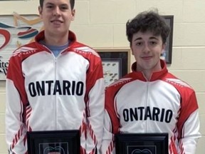 Brantford's Austin Snyder (left) and Jacob Jones were members of the recent under-21 men's curling team that captured the provincial championship. Submitted