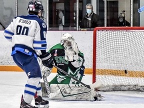 Spencer D'Souza, of the St. George Ravens, watches the puck go past Northumberland's goalie in an opening-round Greater Metro Junior A Hockey League playoff series.