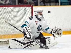 Brantford Bandits goalie Richard Szajek makes a stop against the Kitchener-Waterloo Siskins on Sunday in Greater Ontario Junior B Hockey League action.