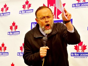 In this Postmedia file photo, pastor Henry Hildebrandt of Aylmer, speaks at an anti-lockdown protest. (Monte Sonnenberg, Postmedia Network)