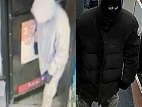 Brantford police released images of a suspect in two armed robberies on Tuesday morning. Police said the same man is suspected in robberies at a convenience store at Erie and Gladstone avenues (left) at about 1:45 a.m. and at a retail location at Fairview and West streets at about 4:20 a.m.