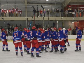 The South Grenville Rangers acknowledge fans at Ingredion Centre in Cardinal after the Jr. C team defeated Morrisburg in the fifth and final game of their NCJHL round one playoff series on March 2, 2022. File photo/The Recorder and Times