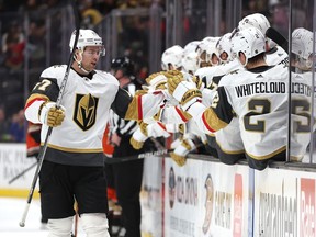 Vegas defenceman and South Grenville-area native Ben Hutton is congratulated by his teammates after scoring in the first period of the Golden Knights' 5-4 victory over the Ducks - one of Hutton's former teams - in Anaheim on Friday night.
Sean M. Haffey/Getty Images