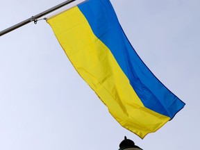 The flag of Ukraine flies outside the Brockville Arts Centre on Wednesday afternoon. (RONALD ZAJAC/The Recorder and Times)