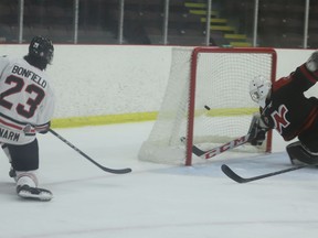 Ryan Bonfield 's power-play goal makes it 3-0 for Brockville in the first period of their home game with Nepean on Thursday night. Bonfield went on to score again in the second period of the Braves' 8-1 win. He now has 26 goals this season.
Tim Ruhnke/The Recorder and Times