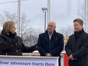 Lisa MacLeod, Minister of Heritage, Sport, Tourism and Culture Industries directs her comments to Steve Clark and Jeff Brown during a funding announcement in Gananoque for the Gord Brown Memorial Canada 150 outdoor rink. (JESSICA MUNRO/Local Journalism Initiative Reporter)