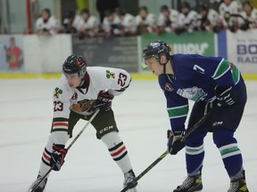 Ryan Bonfield (left) and Tyler Samodral are on the ice during the Braves game at home against Hawkesbury on Wednesday. Bonfield had the overtime winner that night and scored twice in Nepean Sunday afternoon, but Brockville lost to the Raiders 5-3. Bonfield now has 31 goals and is tied for the league lead.
File photo/The Recorder and Times
