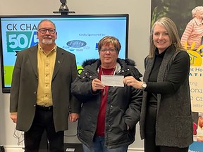 Merlin resident Tammy Howell, middle, receives a $46,685 cheque for winning the jackpot in the CK Charity 50/50 Raffle. The raffle was launched at the beginning of the New Year and over 2,800 people purchased tickets. It was a joint effort between the Chatham-Kent Hospice Foundation and the Children's Treatment Centre Foundation of Chatham-Kent. The net proceeds from the raffle will be divided equally between the two organizations and be used to support people in our community, from infants to seniors, who are served by these organizations. Howell was presented the cheque by Mike Genge, Children's Treatment Centre Foundation of CK president and Jodi Maroney CK Hospice Foundation executive director. Supplied