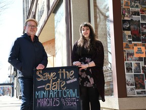 ARTspace and the Thames Art Gallery are holding their first art crawl in over two years on March 25. Thames Art Gallery curator Phil Vanderwall and assistant curator Michaela Lucio are shown outside ARTspace in downtown Chatham next to a promotional sign for the event March 9, 2022. Other participating locations include the Art and Heirloom Shoppe, The Co. and William Street Cafe.