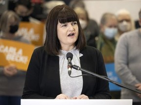 Regina Lakeview MLA Carla Beck announces her candidacy for the NDP leadership race at Xtended Hydraulics in Emerald Park on Thursday. PHOTO BY TROY FLEECE /Regina Leader-Post